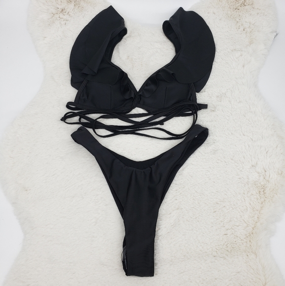 Black Wrap Around Top High Leg Bottom Bikini Set - Picture 3 of 5